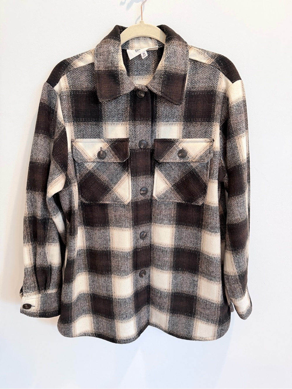 BB Dakota Plaid Utility Shacket Jacket - Black & Cream, Size Medium